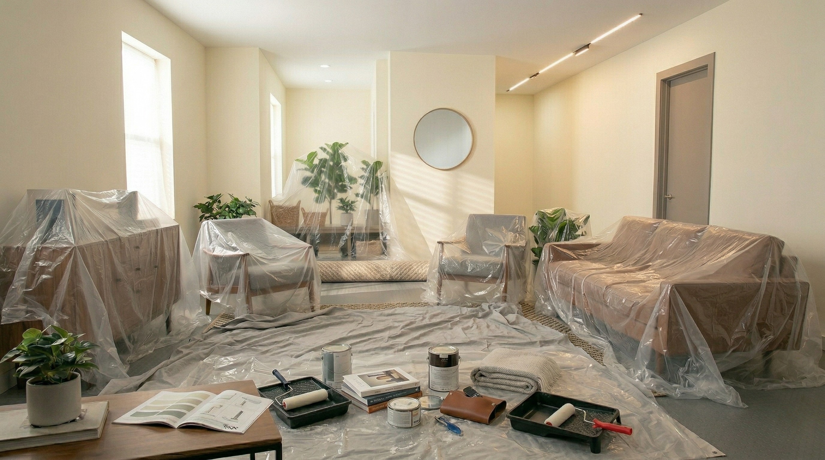 Woonkamer wordt geschilderd